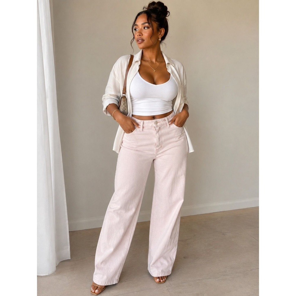 La Vie Rebecca Taylor Pale Pink High Waisted Wide Leg Jeans Size 28